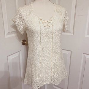 S Brittany Black Cream Colored Lace-Up Front Top